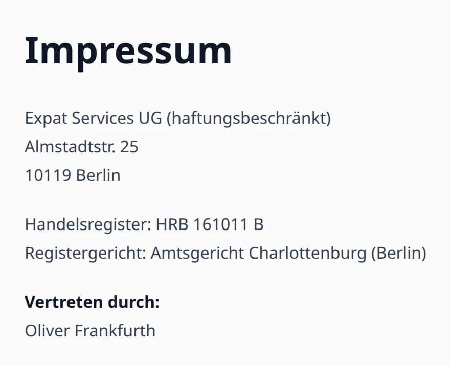 Screenshot des Impressums von abmelden.de: Betreiber Expat Services UG (haftungsbeschränkt)