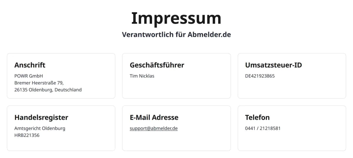 Screenshot des Impressums von abmelder.de: Betreiber POWR GmbH