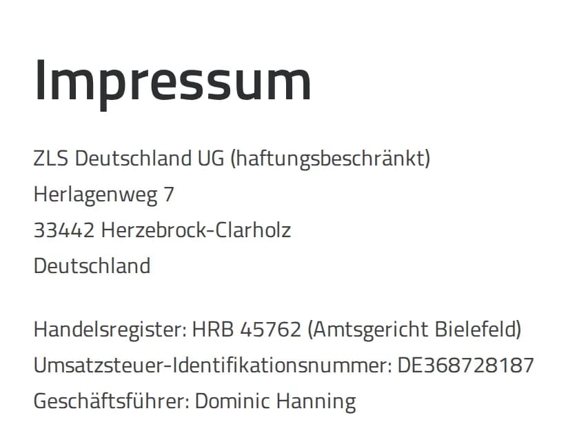 Screenshot des Impressums von abmeldung.de: Betreiber ZLS Deutschland UG (haftungsbeschränkt)