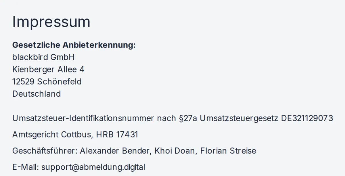 Screenshot des Impressums von abmeldung.digital: Betreiber blackbird GmbH