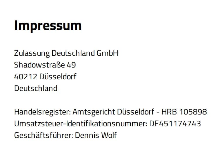 Screenshot des Impressums von online.abmeldung.de: Betreiber Zulassung Deutschland GmbH